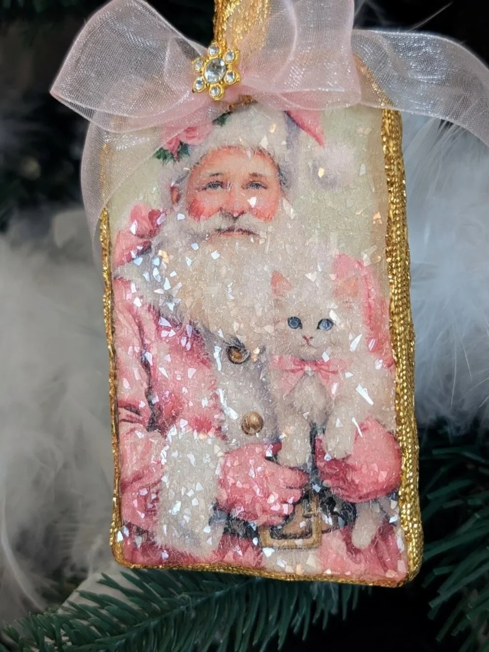Shabby Chic Decoupage Pink Roses Kitten Glass Glitter Santa Christmas Ornament